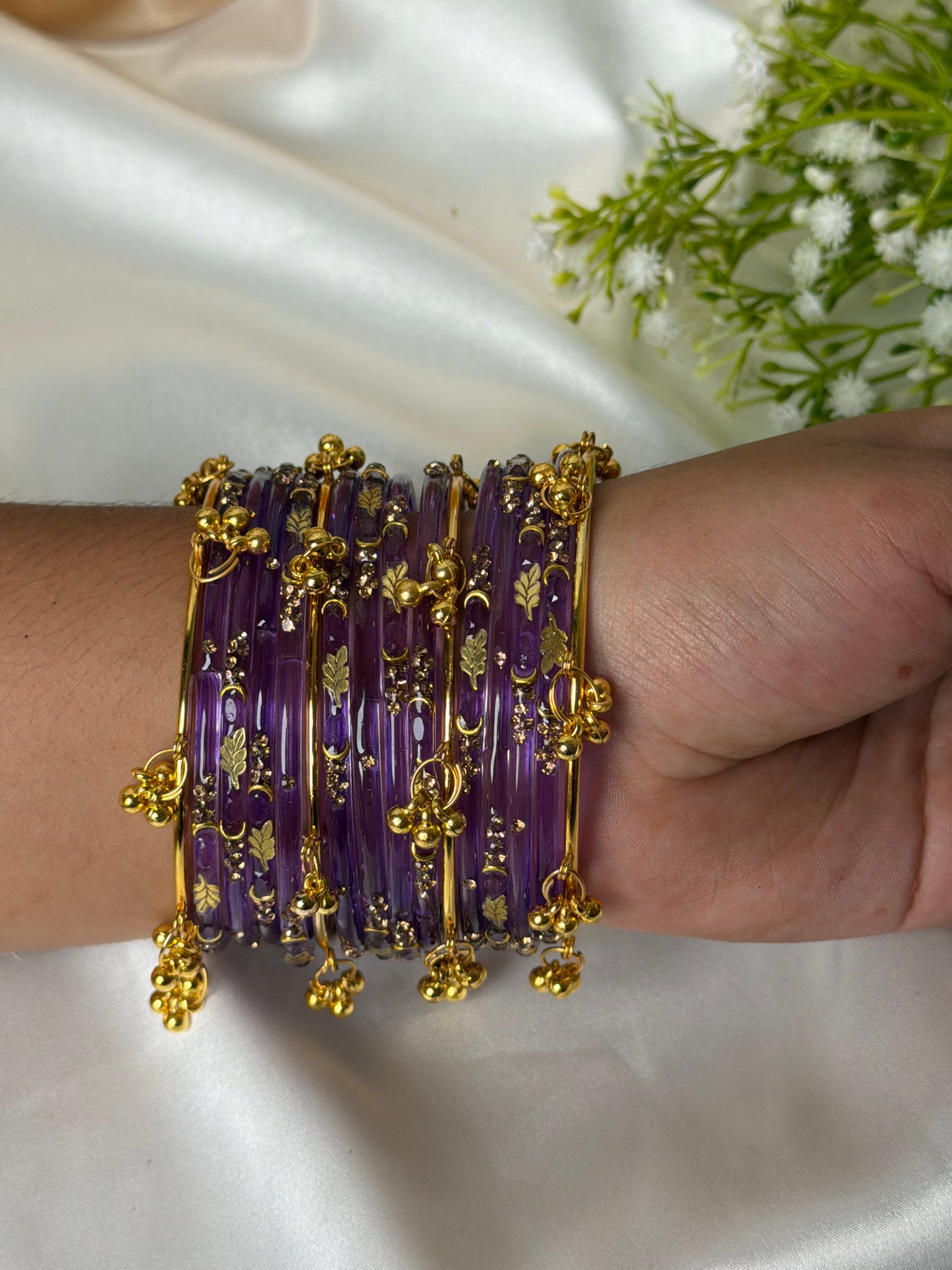 Kashmiri Golden Leaf Royal Amethyst Purple Ghungroo Bangles