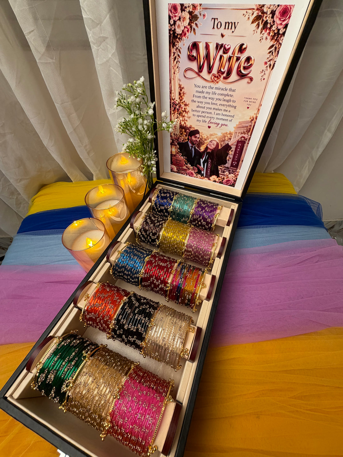 15 Sets Personalized Kashmiri Bangles Gift Box with 20-Piece Jhumka, Custom Photo & Love Letter (Box included )