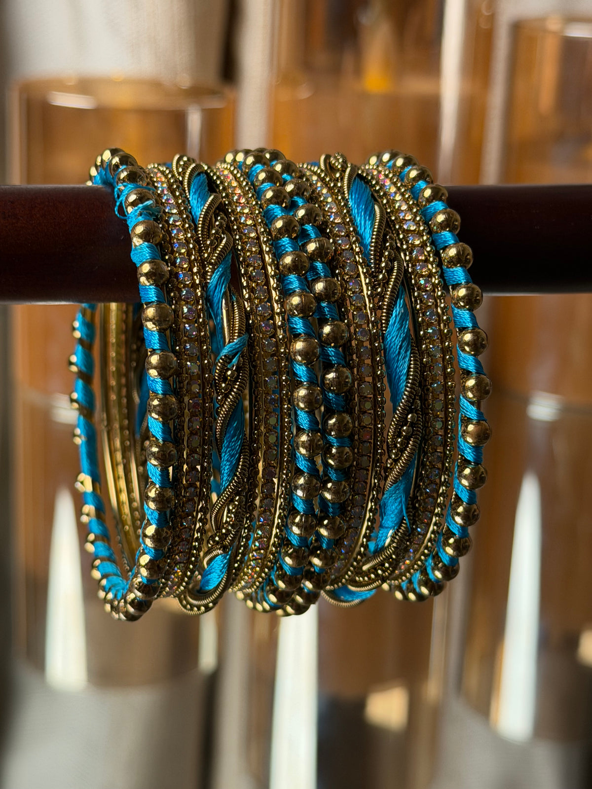 Ivory Luxe Metal Turquoise Blue & Antique Gold Bangle Set