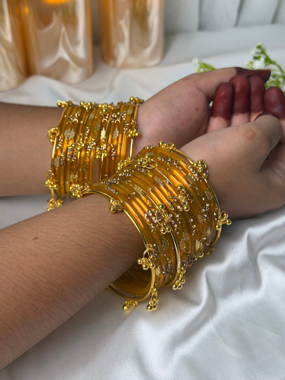 Kashmiri Golden Leaf Honey Amber Ghungroo Bangles