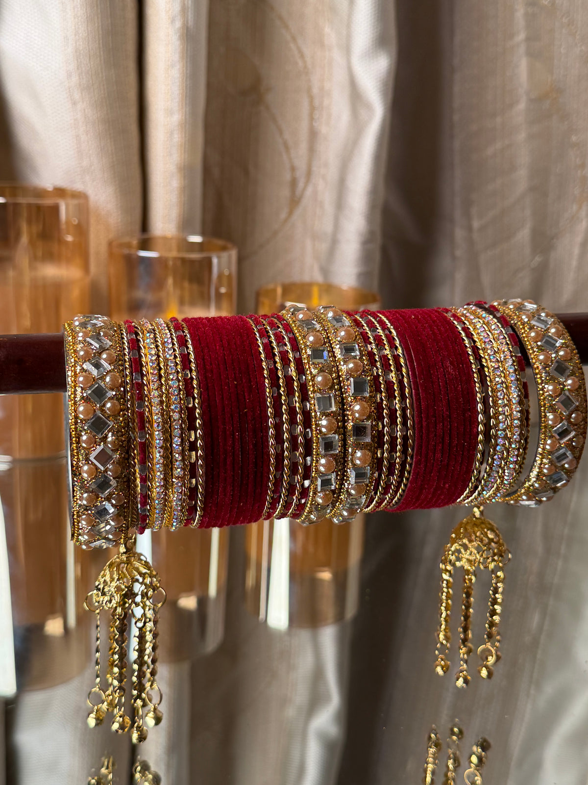 KADAM Royal Crimson Bridal Bangles Set with Jhumka