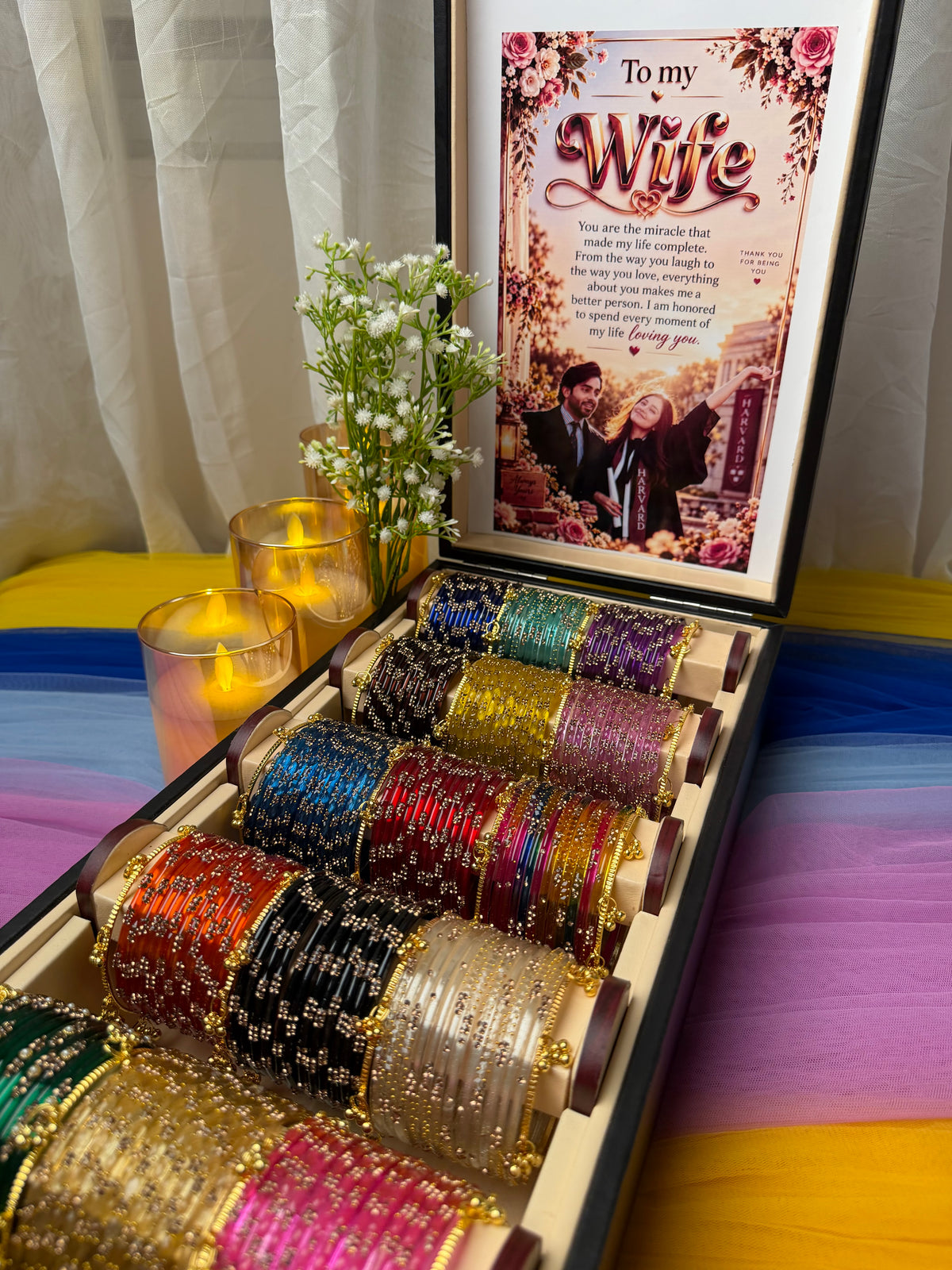 15 Sets Personalized Kashmiri Bangles Gift Box with 20-Piece Jhumka, Custom Photo & Love Letter (Box included )