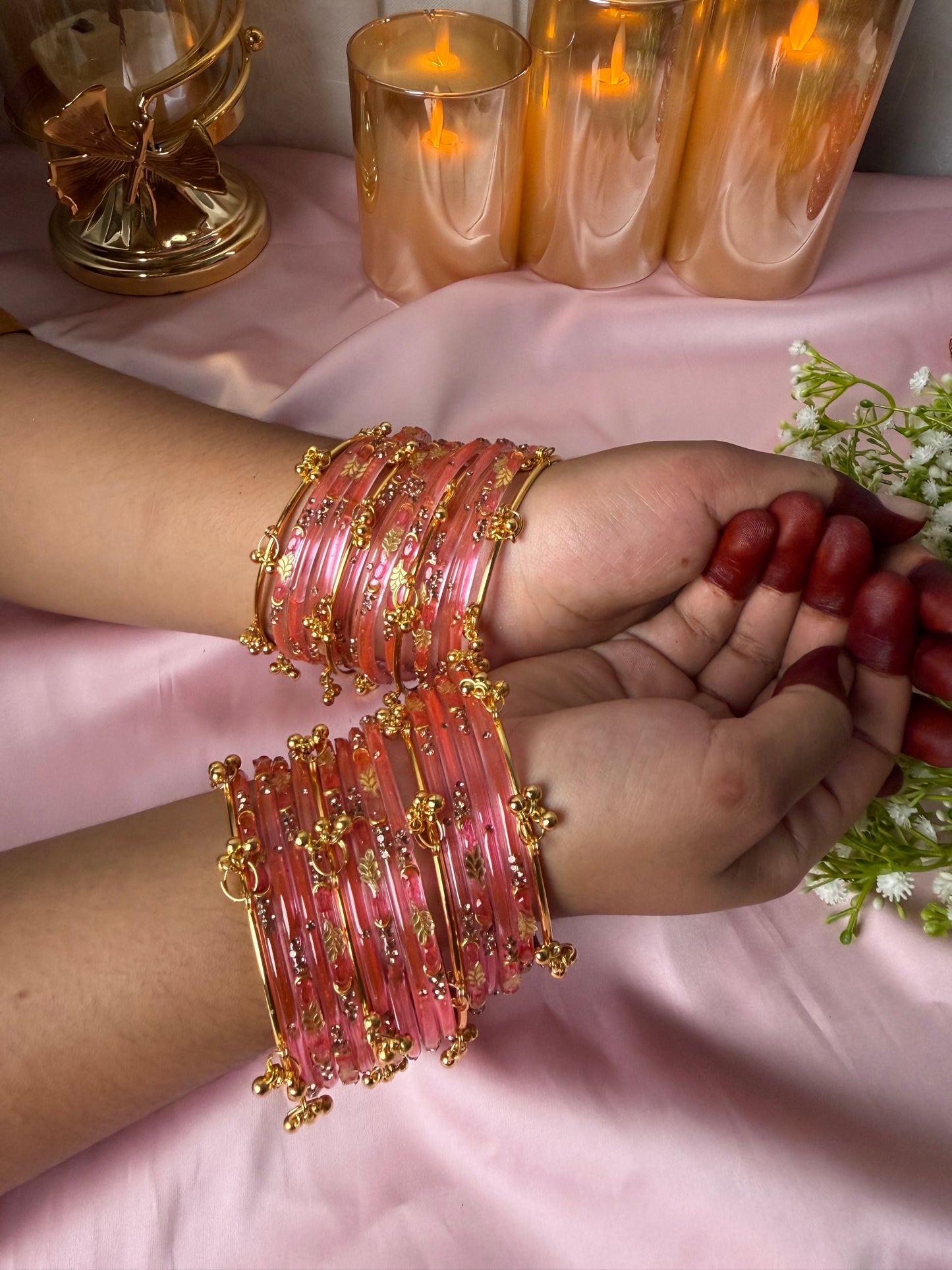 Kashmiri Golden Leaf Peach Pink Ghungroo Bangles