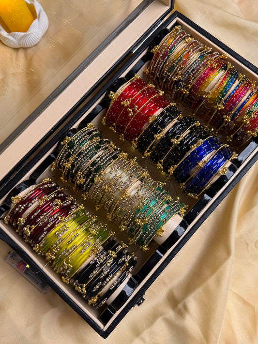 KADAM Premium 4 Row Kashmiri Bangle Gift Box – 144 Pcs Kashmiri Bangles with 48 Pcs Ghungroo | Luxury Wooden Gift Box