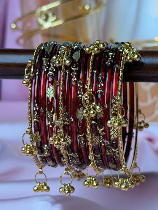 Kashmiri Royal Garnet Golden Leaf ghungroo Bangles