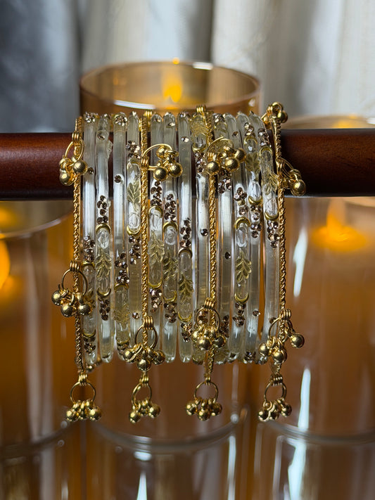 Kashmiri Golden Leaf Crystal Champagne Ghungroo Bangles