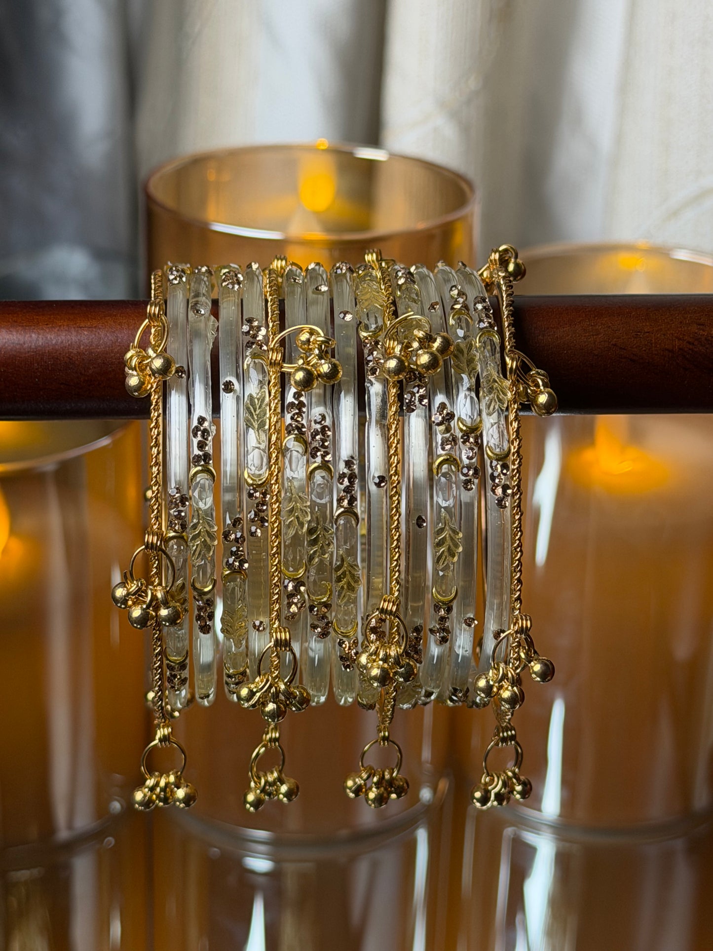 Kashmiri Golden Leaf Crystal Champagne Ghungroo Bangles