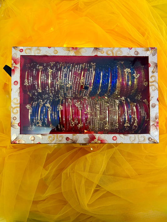 Premium 2-Row Kashmiri Churi Gift Box – 8 Sets (96 Pcs) Kashmiri Bangles + 32 Pcs Ghungroo | Luxury Glass Bangles Box