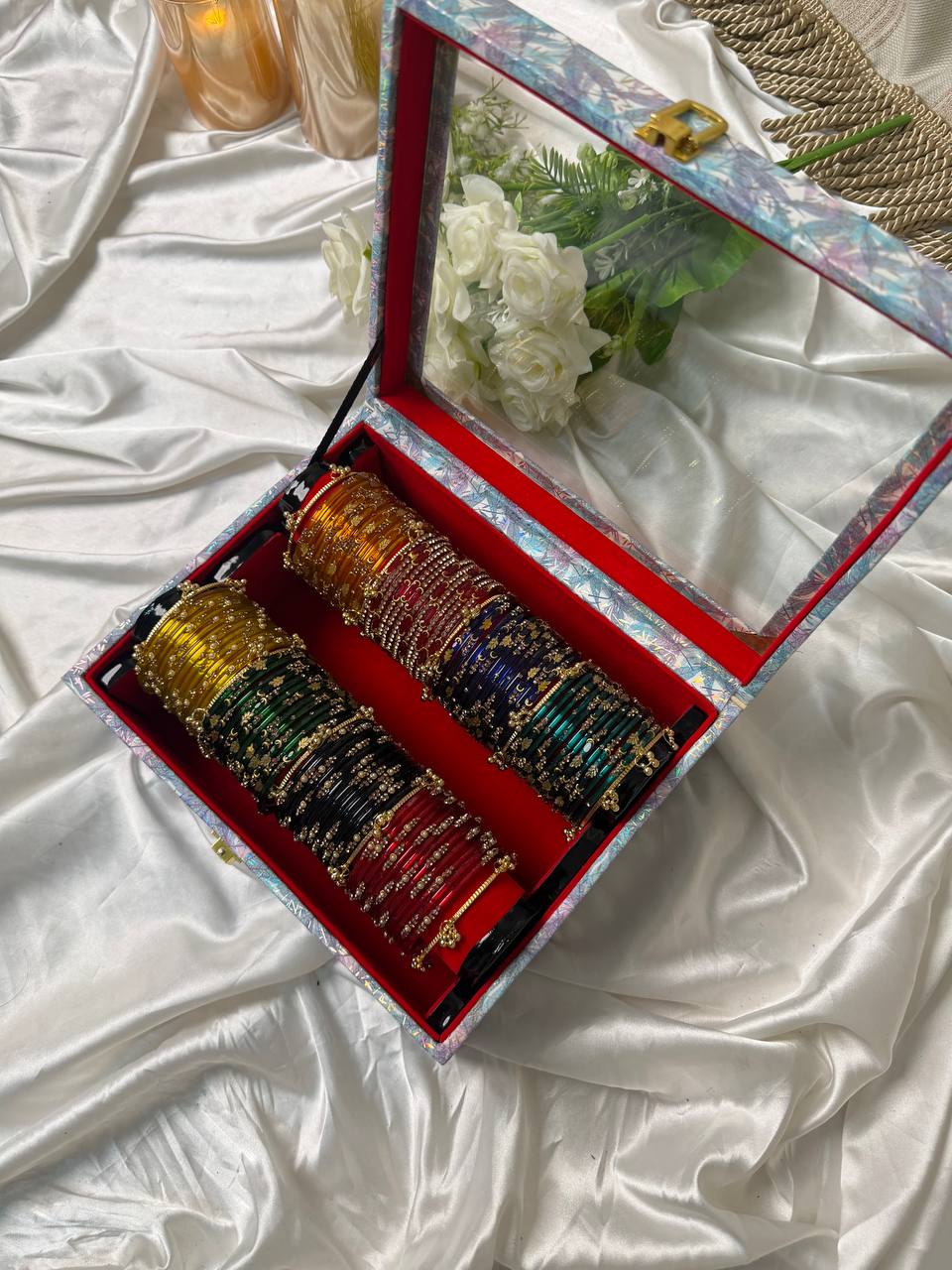 KADAM Premium Kashmiri Bangle Gift Box — 96 Bangles & 10 Ghungroo Bangles (Box included )