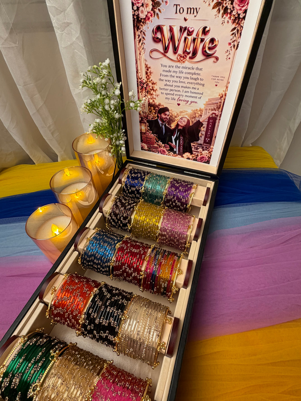 15 Sets Personalized Kashmiri Bangles Gift Box with 20-Piece Jhumka, Custom Photo & Love Letter (Box included )
