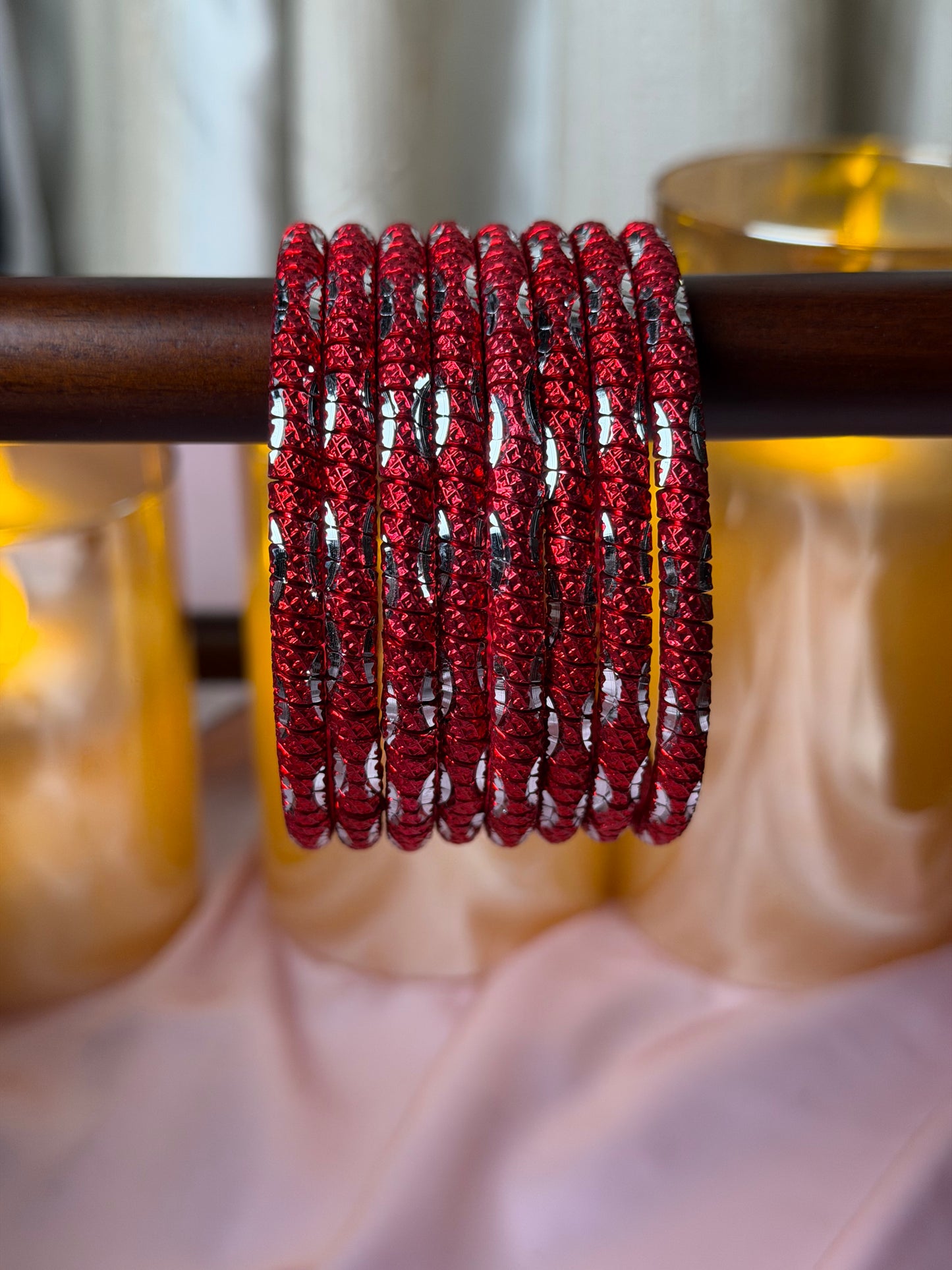 Metal Diamond Mesh Ruby Red Bangles