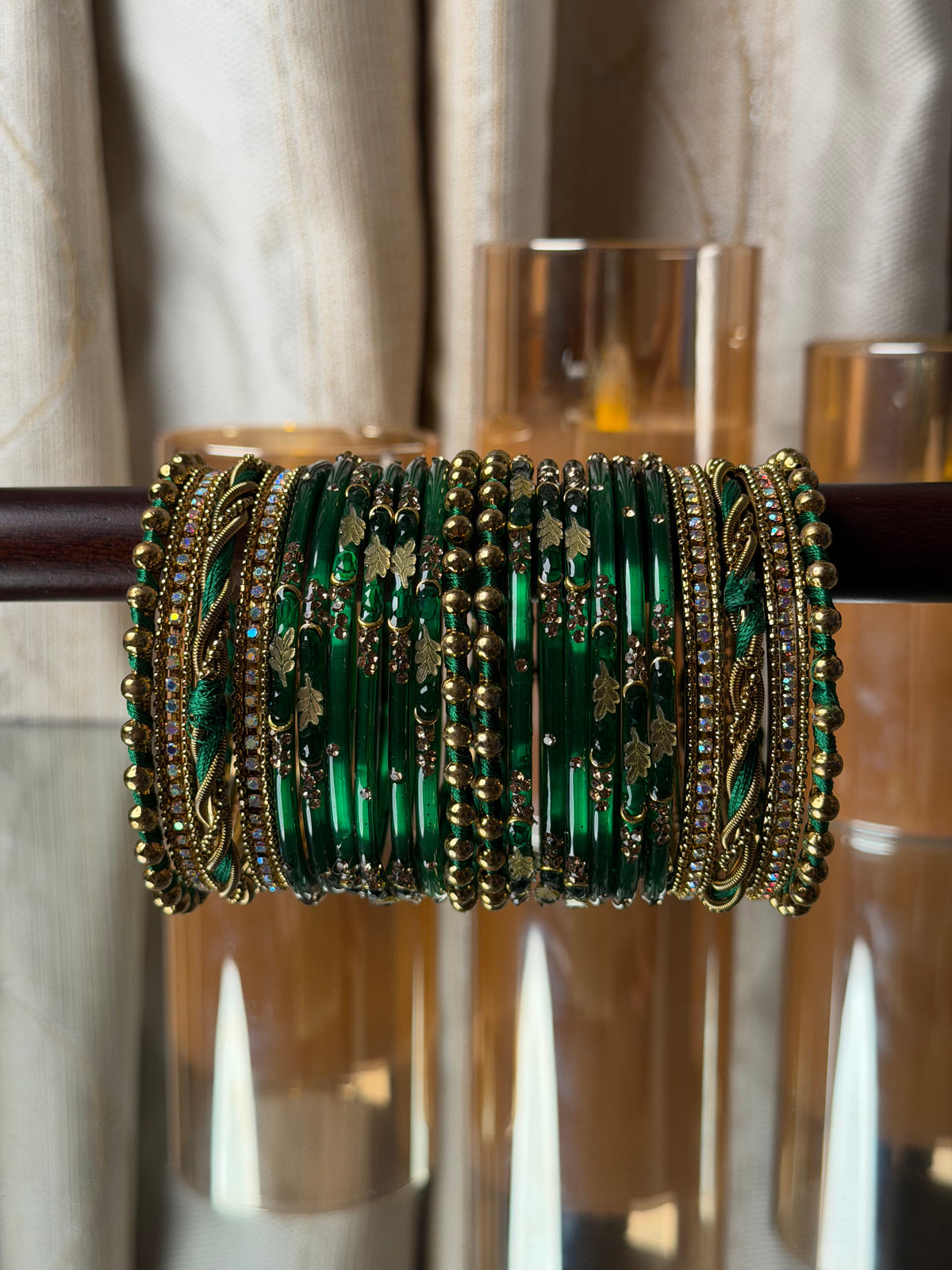 Twisted Wave Emerald Green & Antique Gold Crystal Bangles