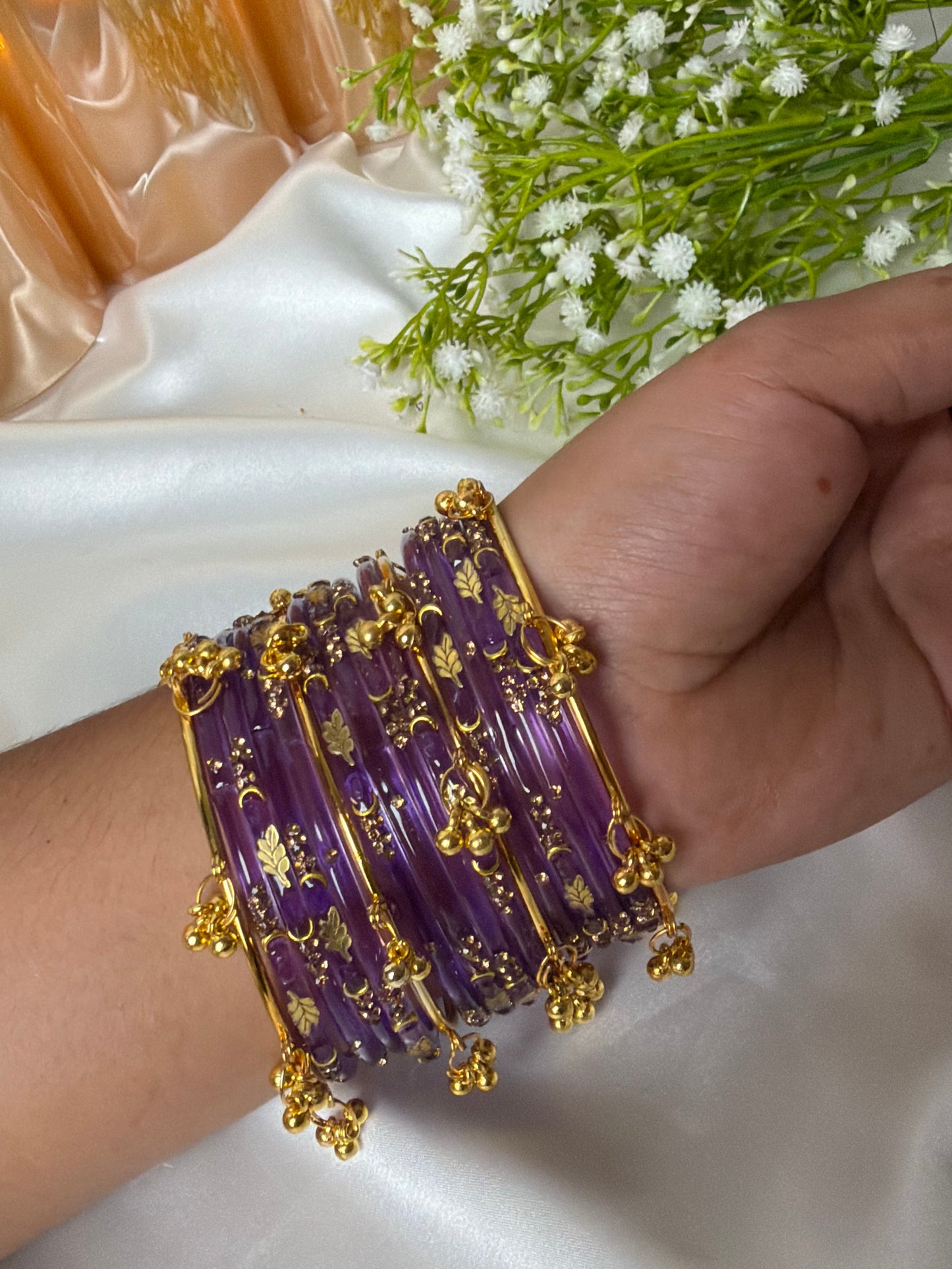 Kashmiri Golden Leaf Royal Amethyst Purple Ghungroo Bangles