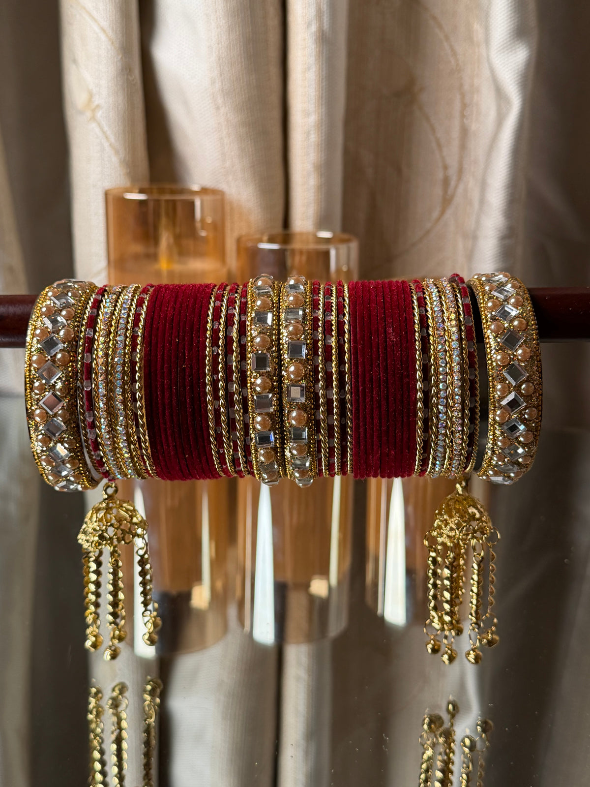KADAM Royal Crimson Bridal Bangles Set with Jhumka