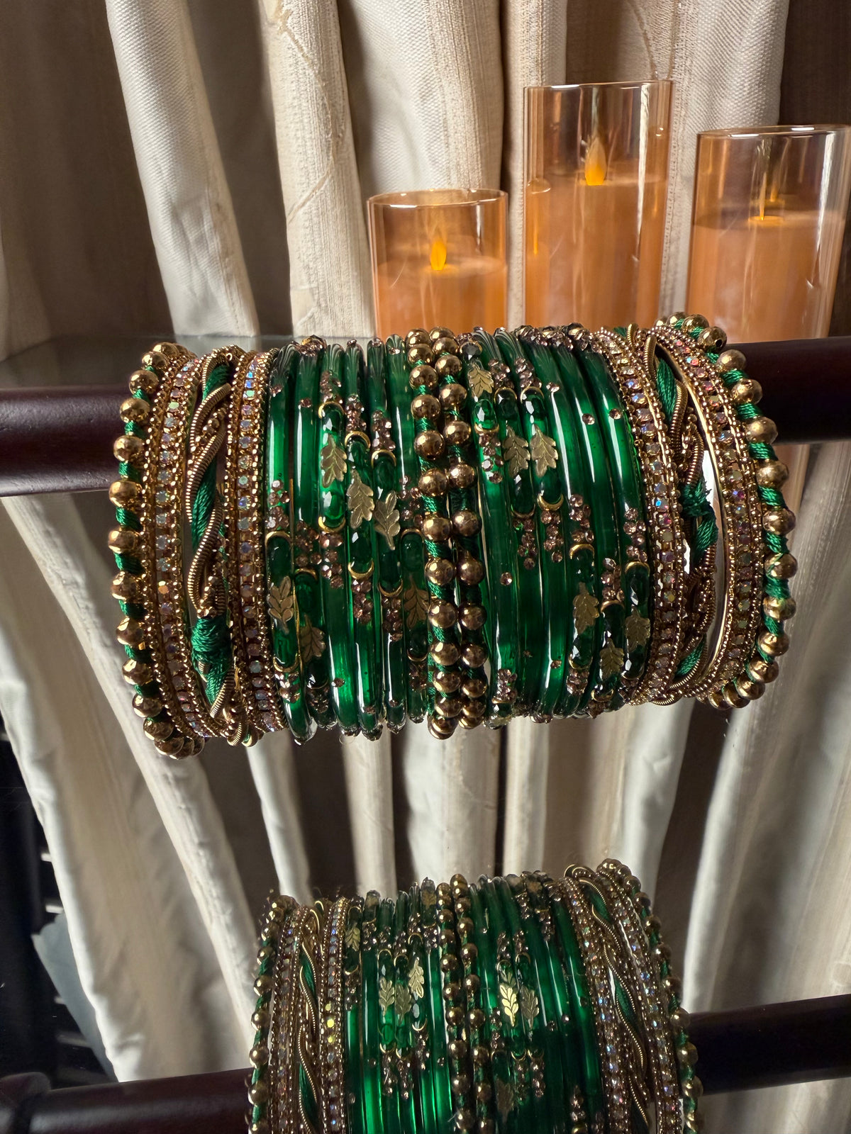 Twisted Wave Emerald Green & Antique Gold Crystal Bangles