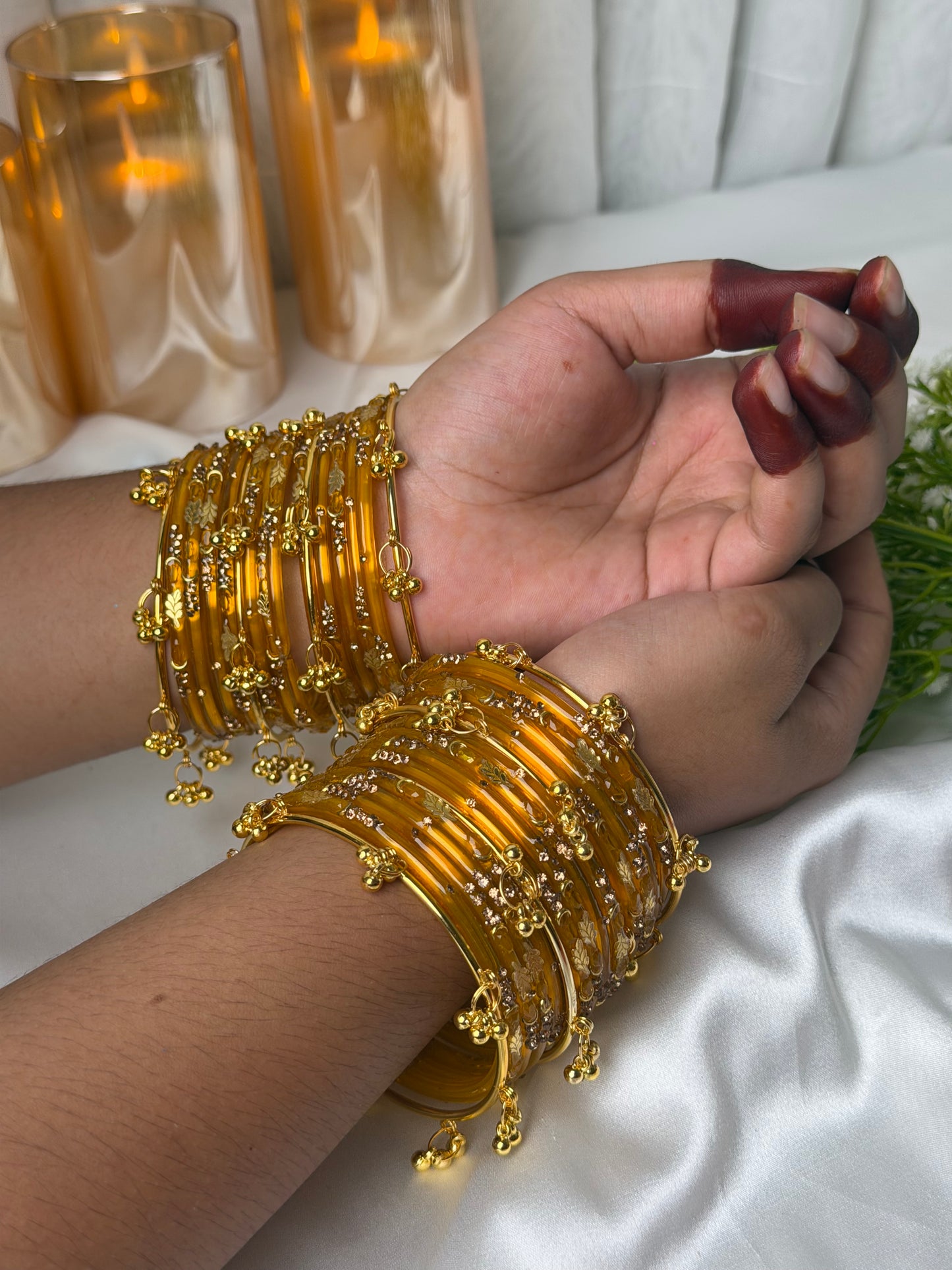 Kashmiri Golden Leaf Honey Amber Ghungroo Bangles