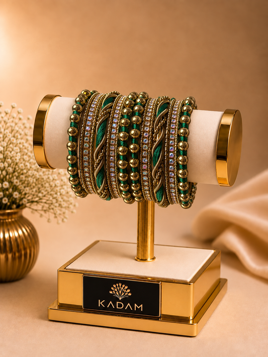 Ivory Luxe Metal Emerald Green & Antique Gold Bangles