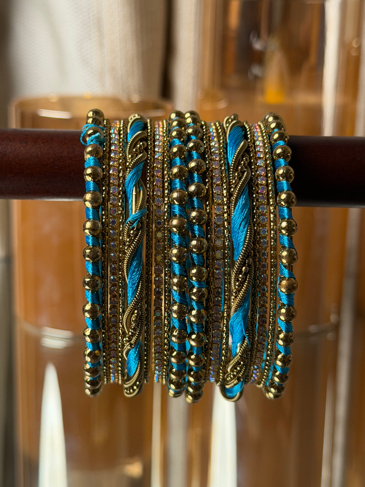 Ivory Luxe Metal Turquoise Blue & Antique Gold Bangle Set