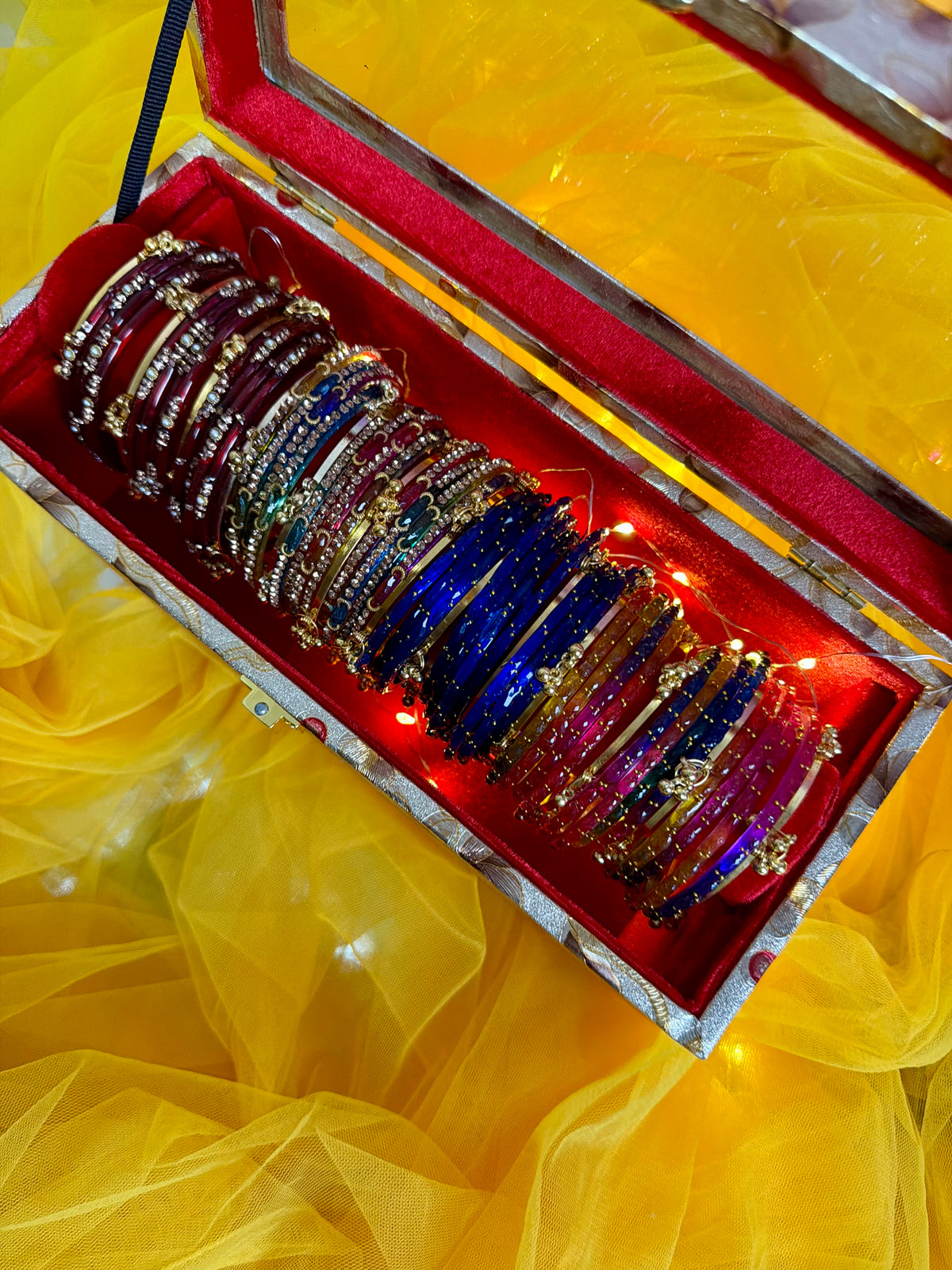 Kashmiri Premium 4 Set Bangle Collection Box – 48 Pcs Original Kashmiri Bangles + 16 Pcs Golden Ghungroo | Luxury Gift Box