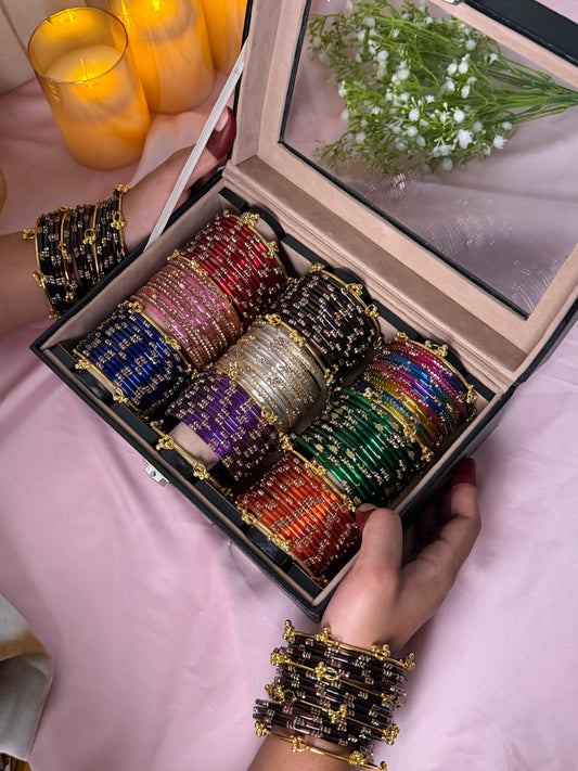 9-Set Premium Kashmiri Bangles Box – 108 Bangles + 12 Golden Ghungroos