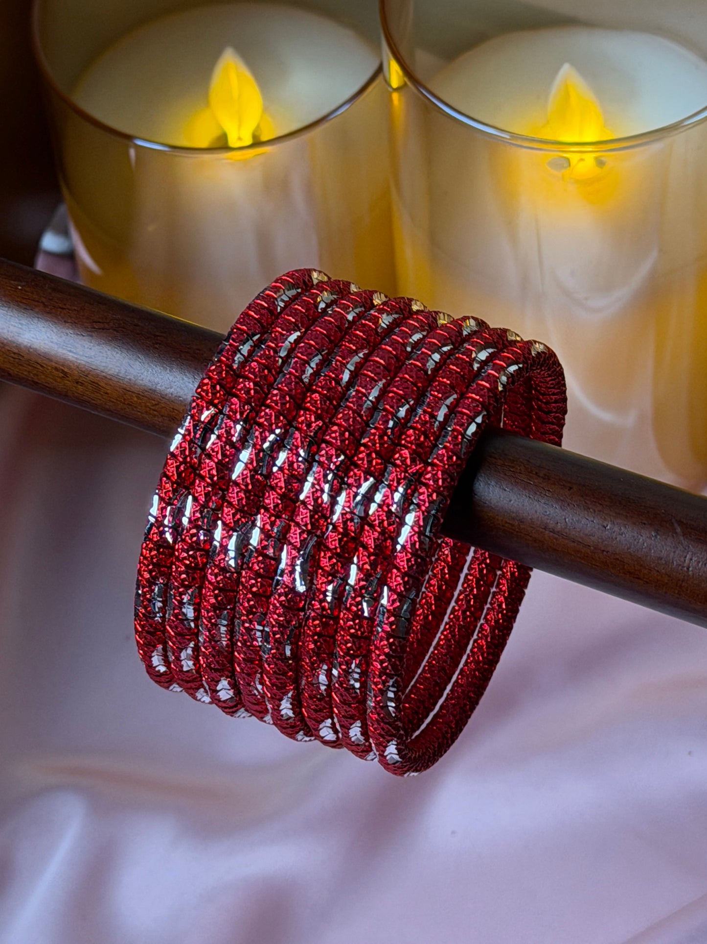 Metal Diamond Mesh Ruby Red Bangles