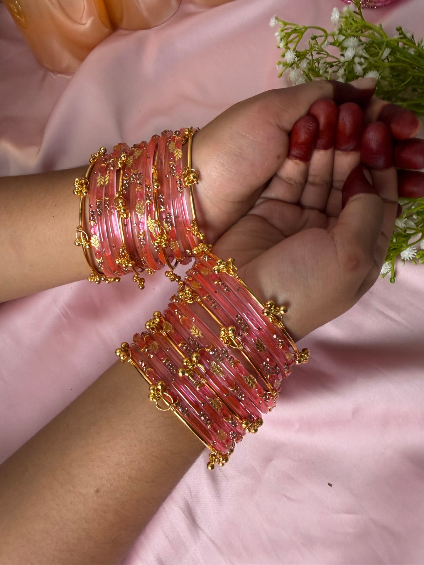 Kashmiri Golden Leaf Peach Pink  Ghungroo Bangles