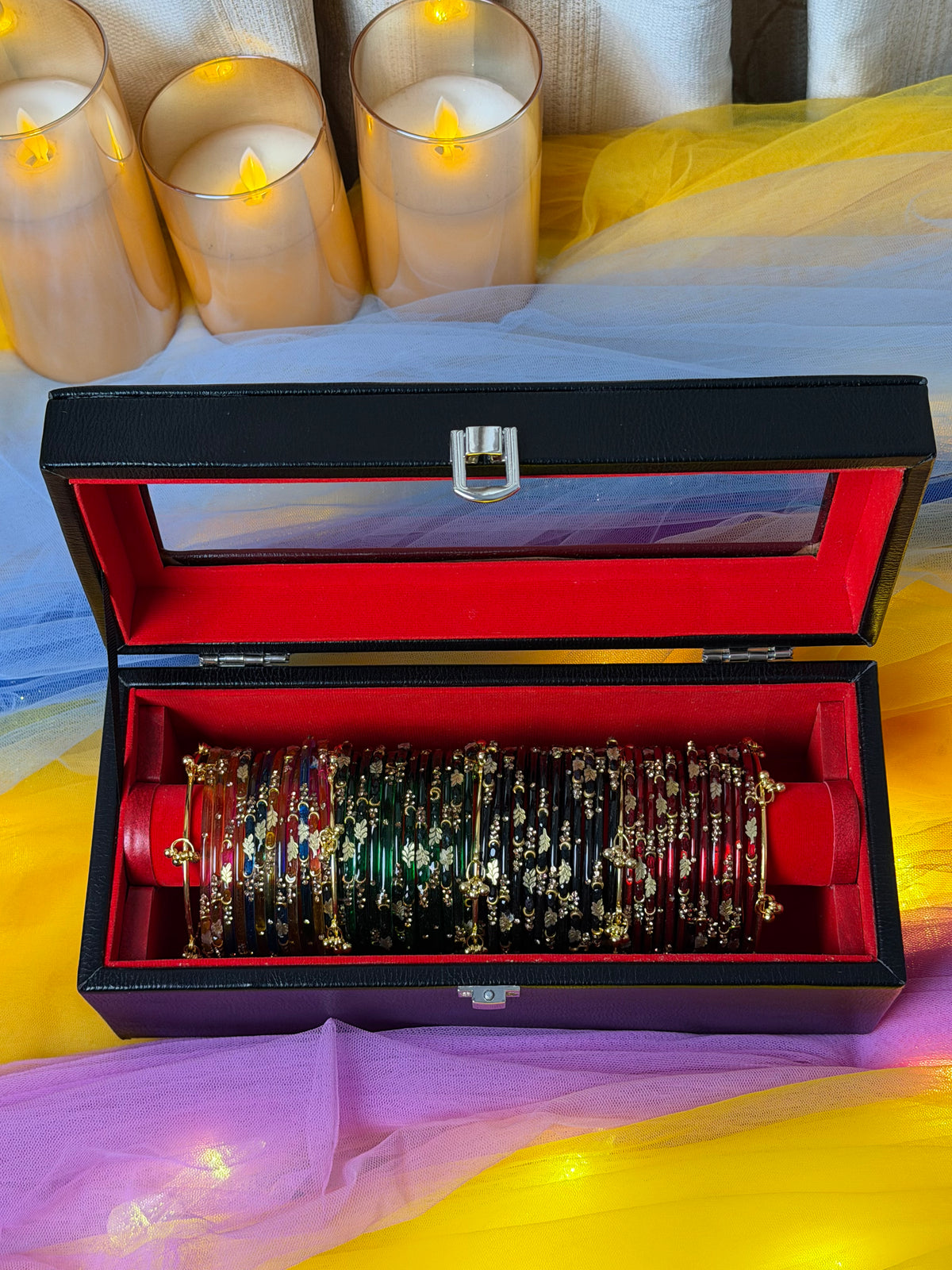 Royal Multicolor Kashmiri Bangle Red Box – 48 Bangles with 5 Ghungroos (Box included )