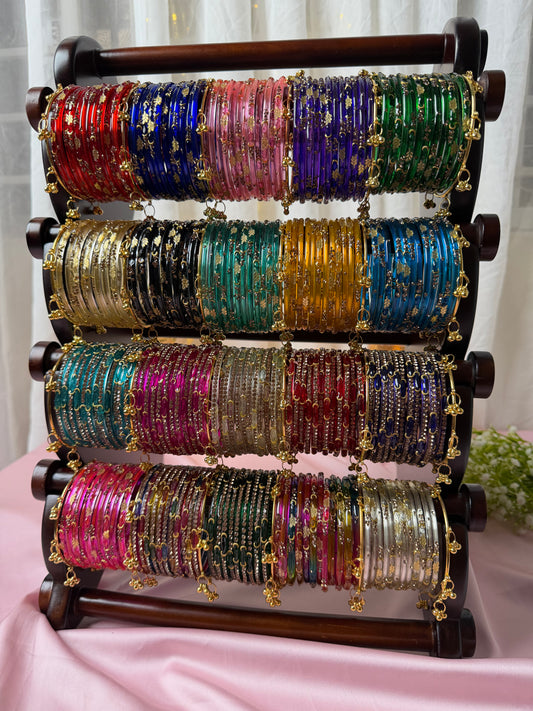 240 Pcs Premium Kashmiri Bangles with 24 Pcs Ghungroo & Wooden Bangle Stand