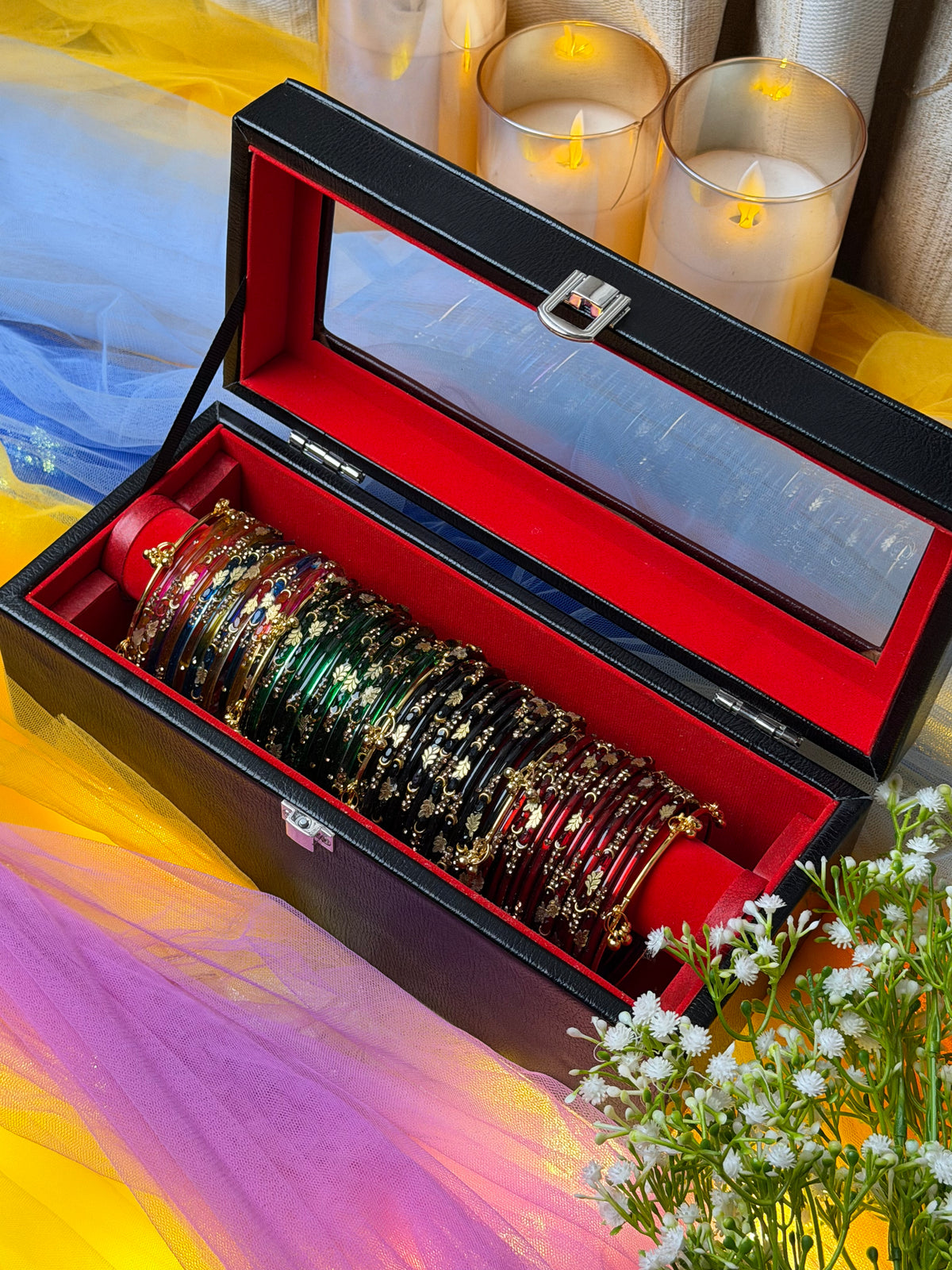 Royal Multicolor Kashmiri Bangle Red Box – 48 Bangles with 5 Ghungroos (Box included )