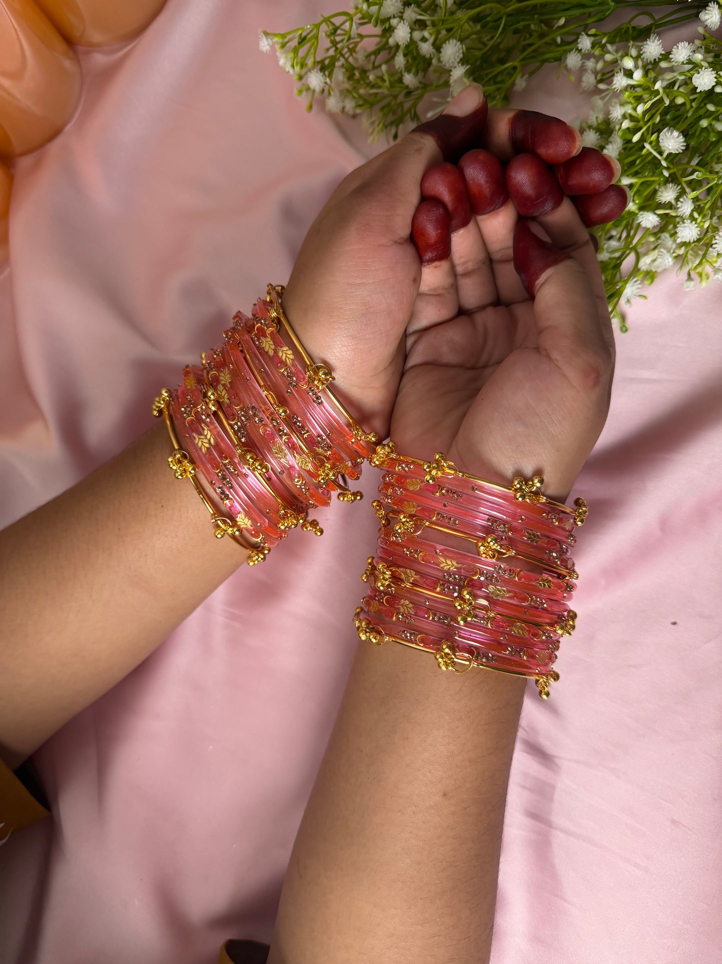 Kashmiri Golden Leaf Peach Pink  Ghungroo Bangles