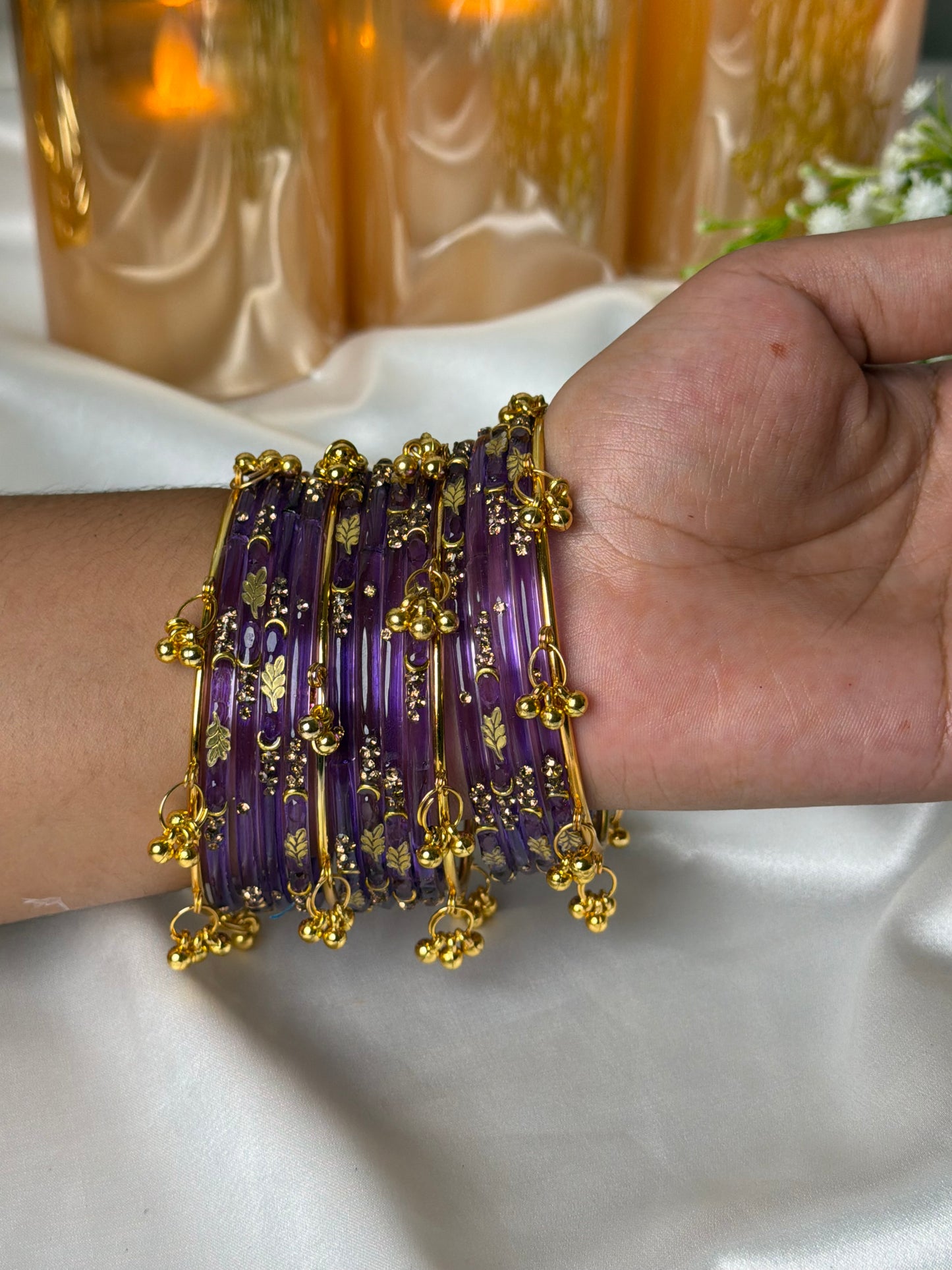 Kashmiri Golden Leaf Royal Amethyst Purple Ghungroo Bangles