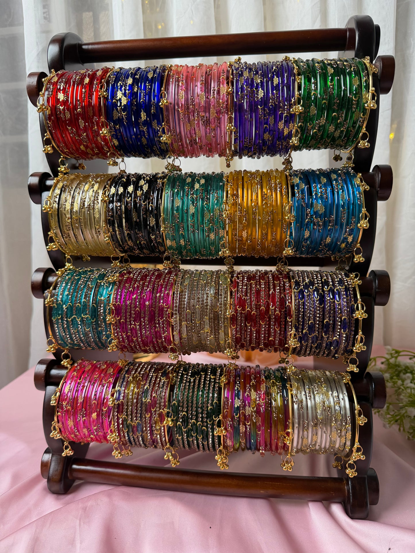 240 Pcs Premium Kashmiri Bangles with 24 Pcs Ghungroo & Wooden Bangle Stand