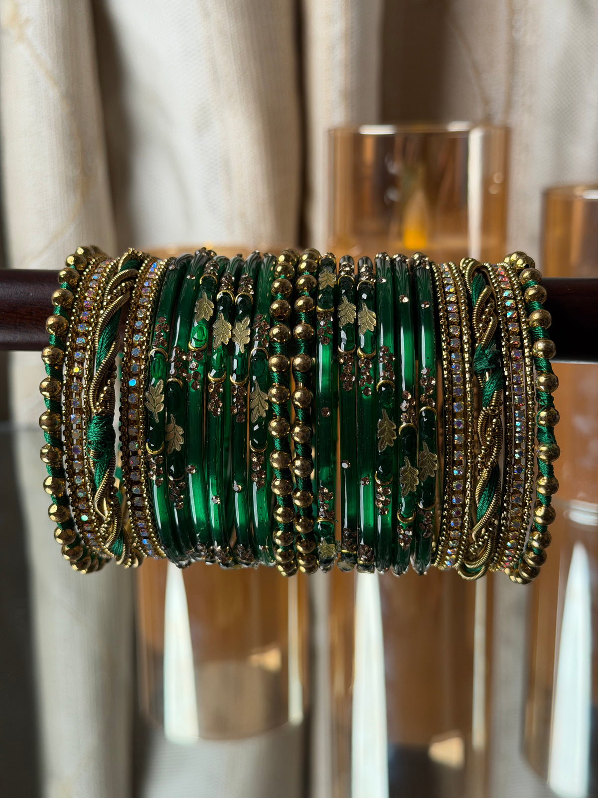 Twisted Wave Emerald Green & Antique Gold Crystal Bangles