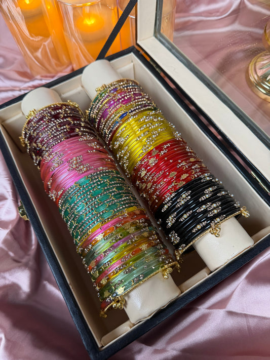 Kashmiri Premium 8 Set Ghungroo Bangle Collection Box – 96 Pcs Original Kashmiri Bangles + 4 Pcs Golden Ghungroo | Luxury Bangle Gift Box (Box included )
