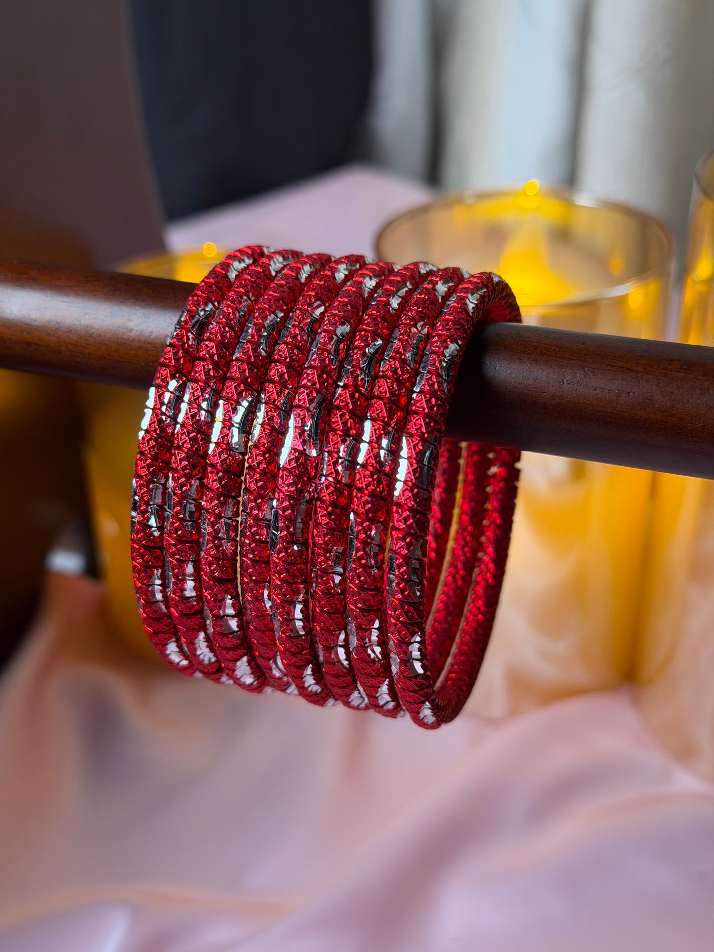 Metal Diamond Mesh Ruby Red Bangles