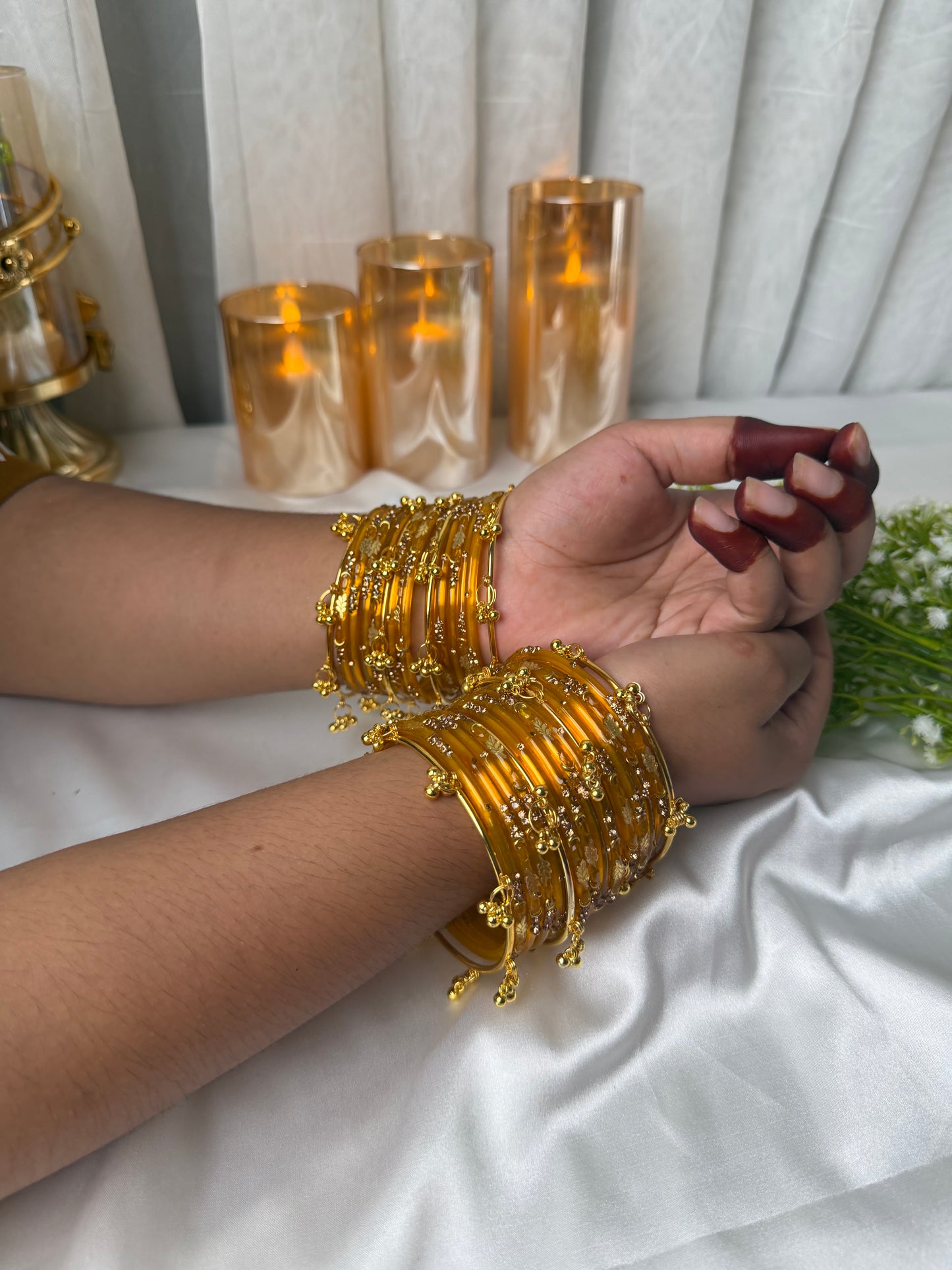 Kashmiri Golden Leaf Honey Amber Ghungroo Bangles