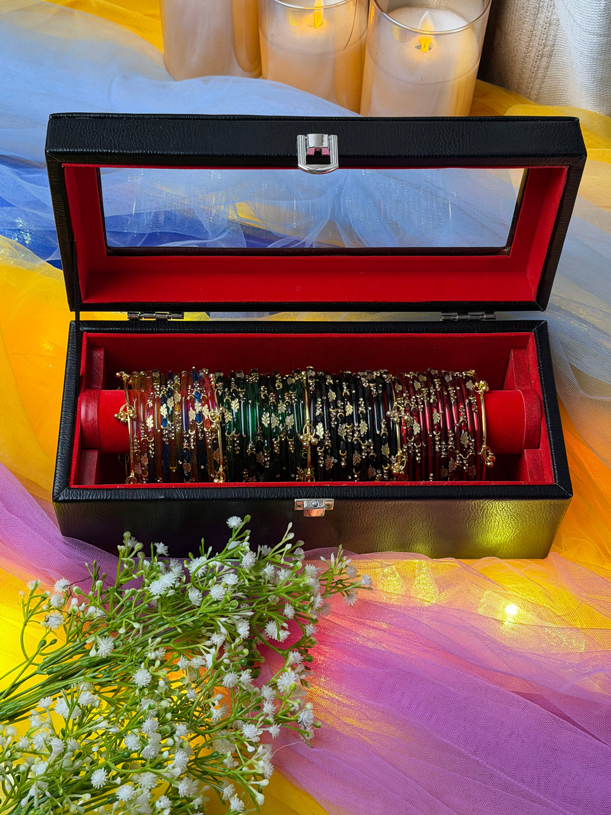 Royal Multicolor Kashmiri Bangle Red Box – 48 Bangles with 5 Ghungroos (Box included )