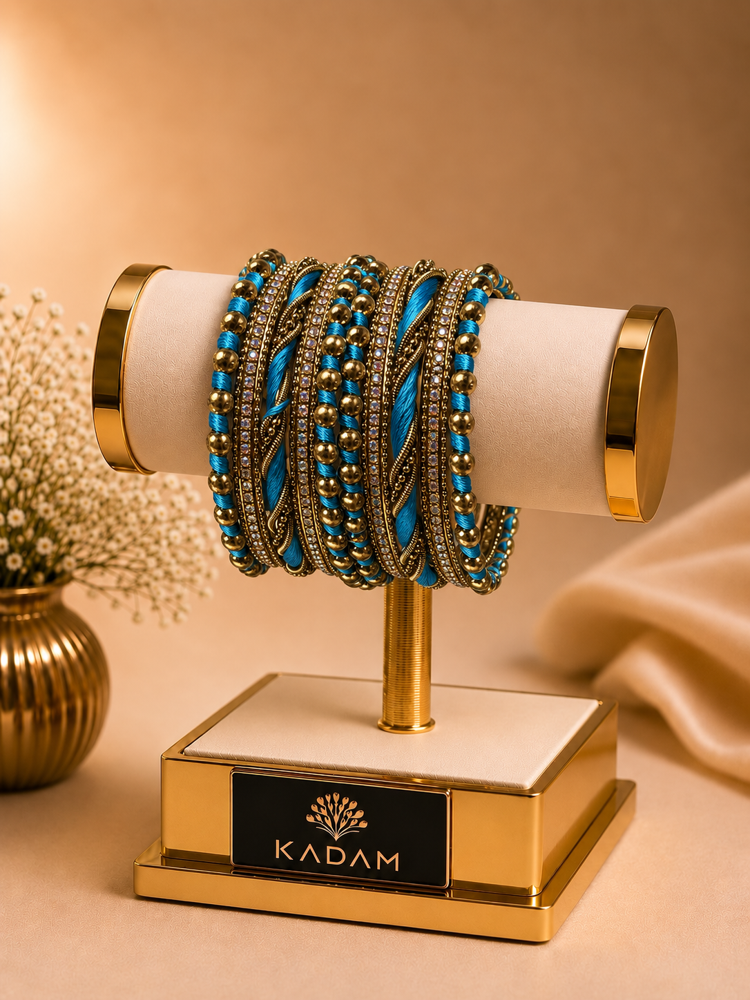 Ivory Luxe Metal Turquoise Blue & Antique Gold Bangle Set