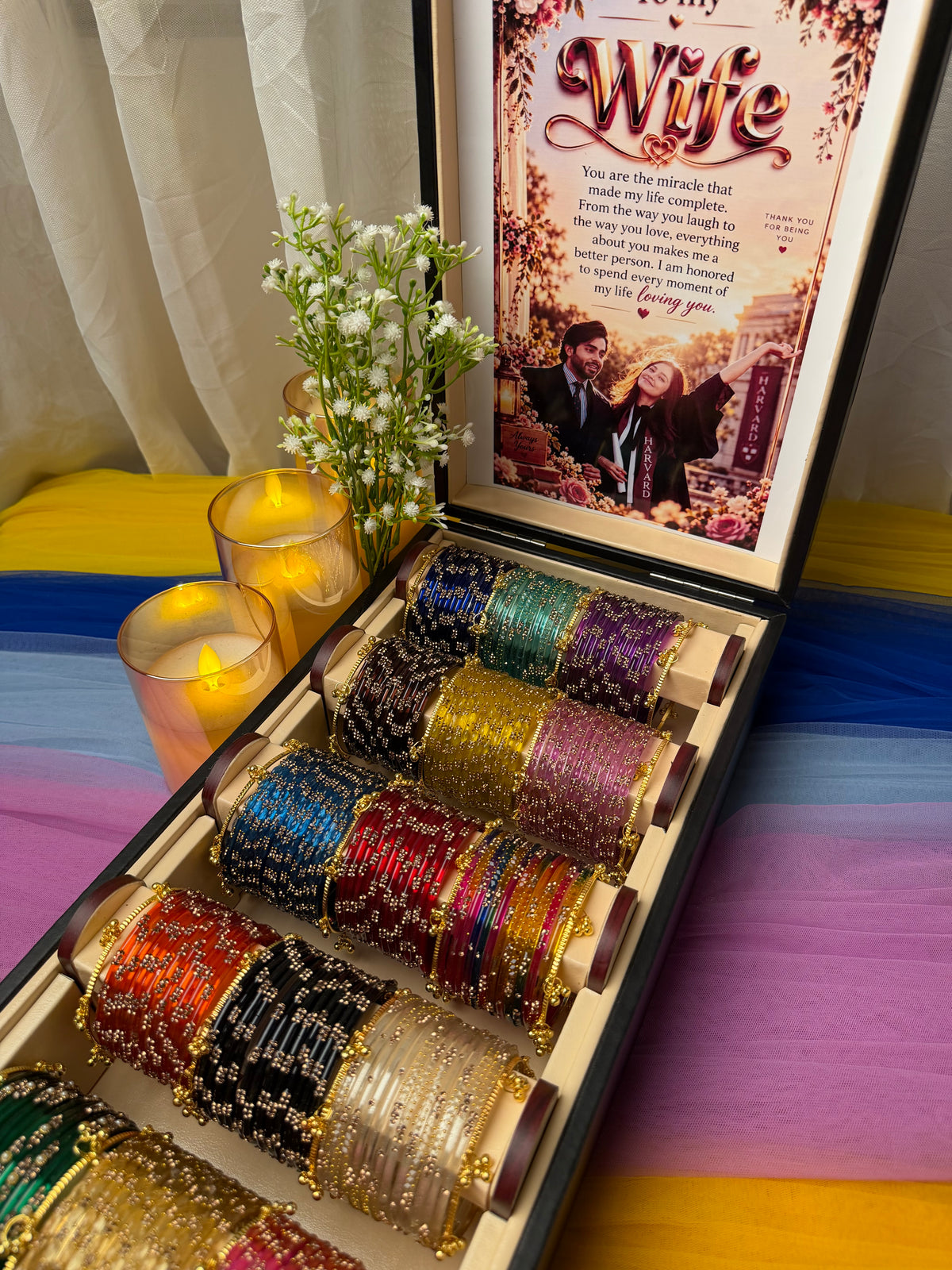 15 Sets Personalized Kashmiri Bangles Gift Box with 20-Piece Jhumka, Custom Photo & Love Letter (Box included )