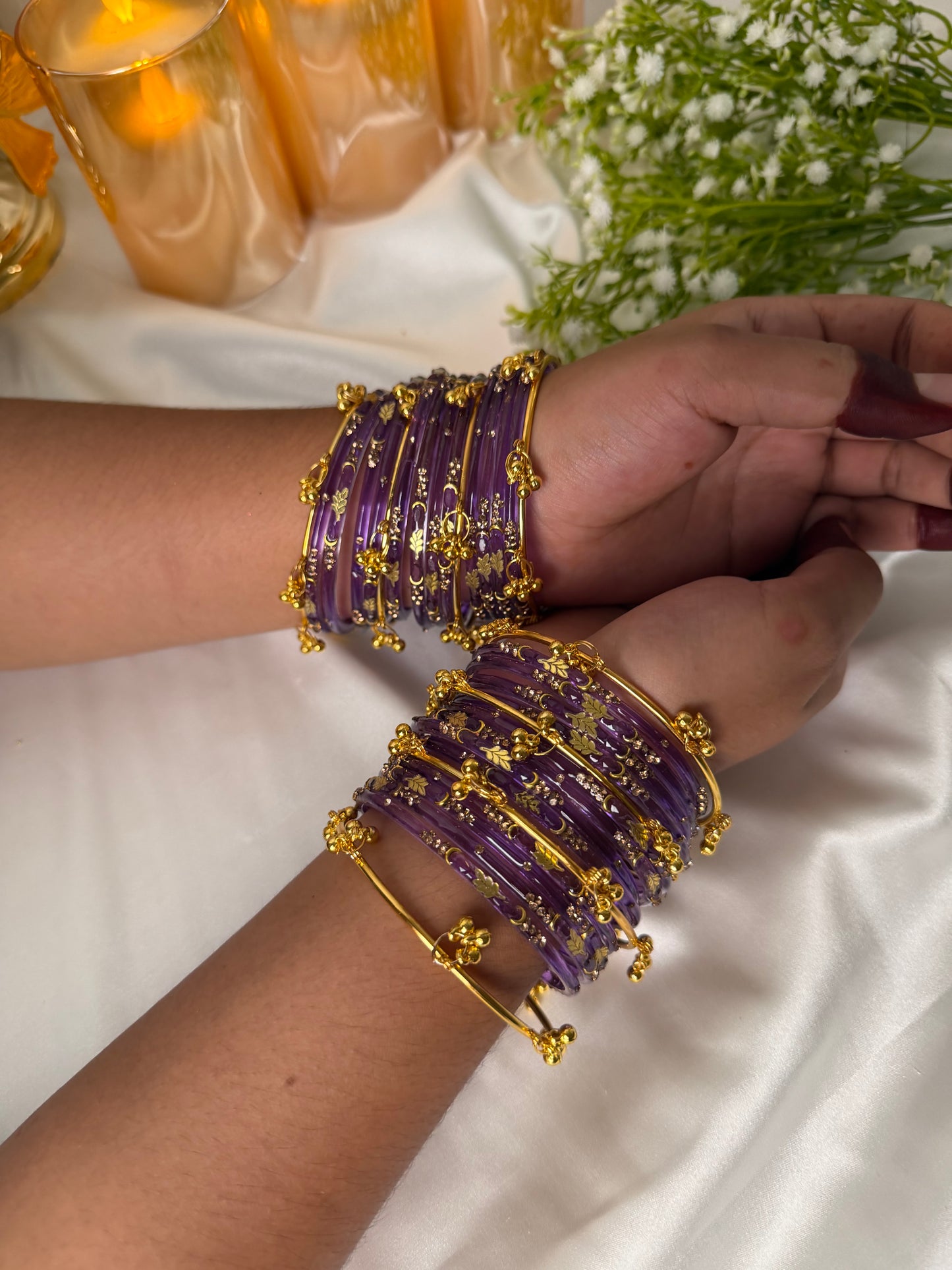 Kashmiri Golden Leaf Royal Amethyst Purple Ghungroo Bangles