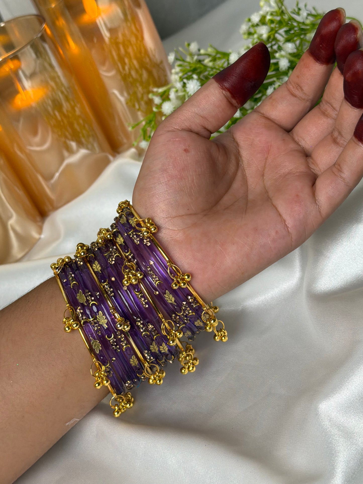 Kashmiri Golden Leaf Royal Amethyst Purple Ghungroo Bangles