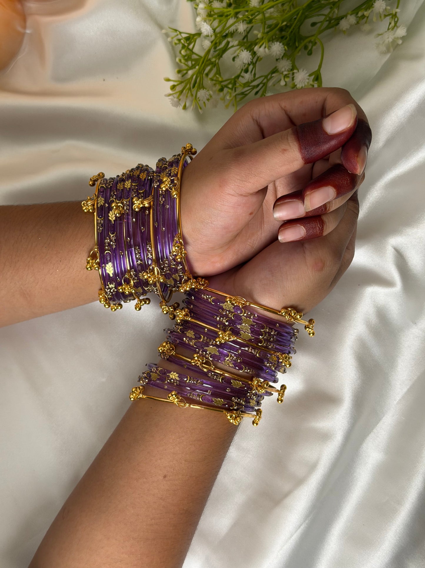 Kashmiri Golden Leaf Royal Amethyst Purple Ghungroo Bangles