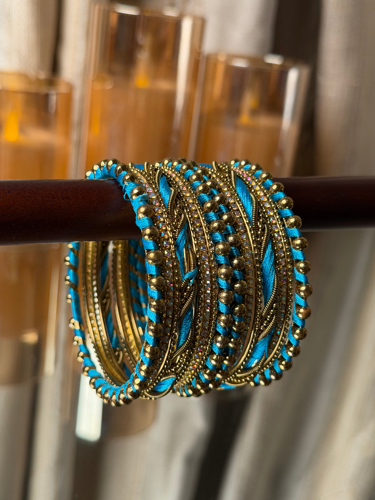 Ivory Luxe Metal Turquoise Blue & Antique Gold Bangle Set