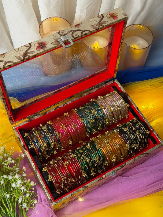 Premium 2-Row Kashmiri Churi Gift Box – 8 Sets (96 Pcs) Kashmiri Bangles + 32 Pcs Ghungroo | Luxury Glass Bangles Box (Box included )