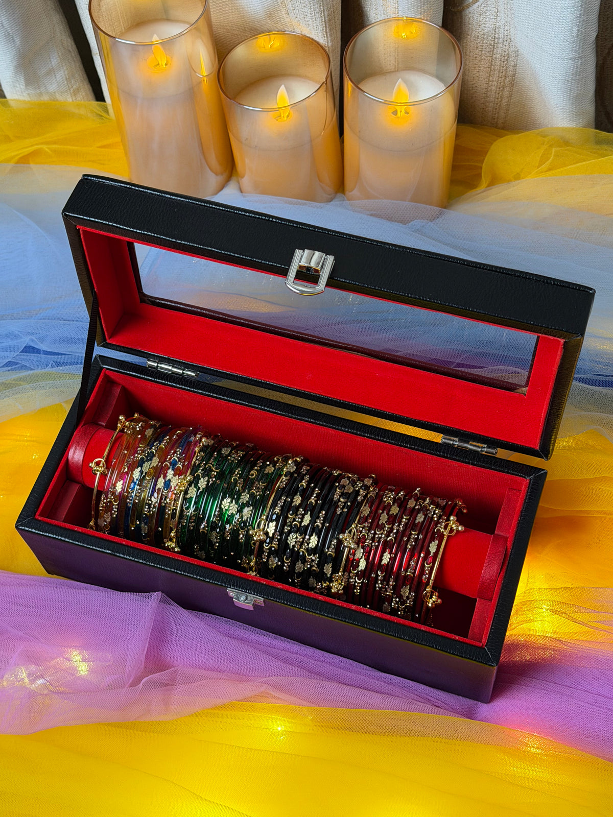 Royal Multicolor Kashmiri Bangle Red Box – 48 Bangles with 5 Ghungroos (Box included )