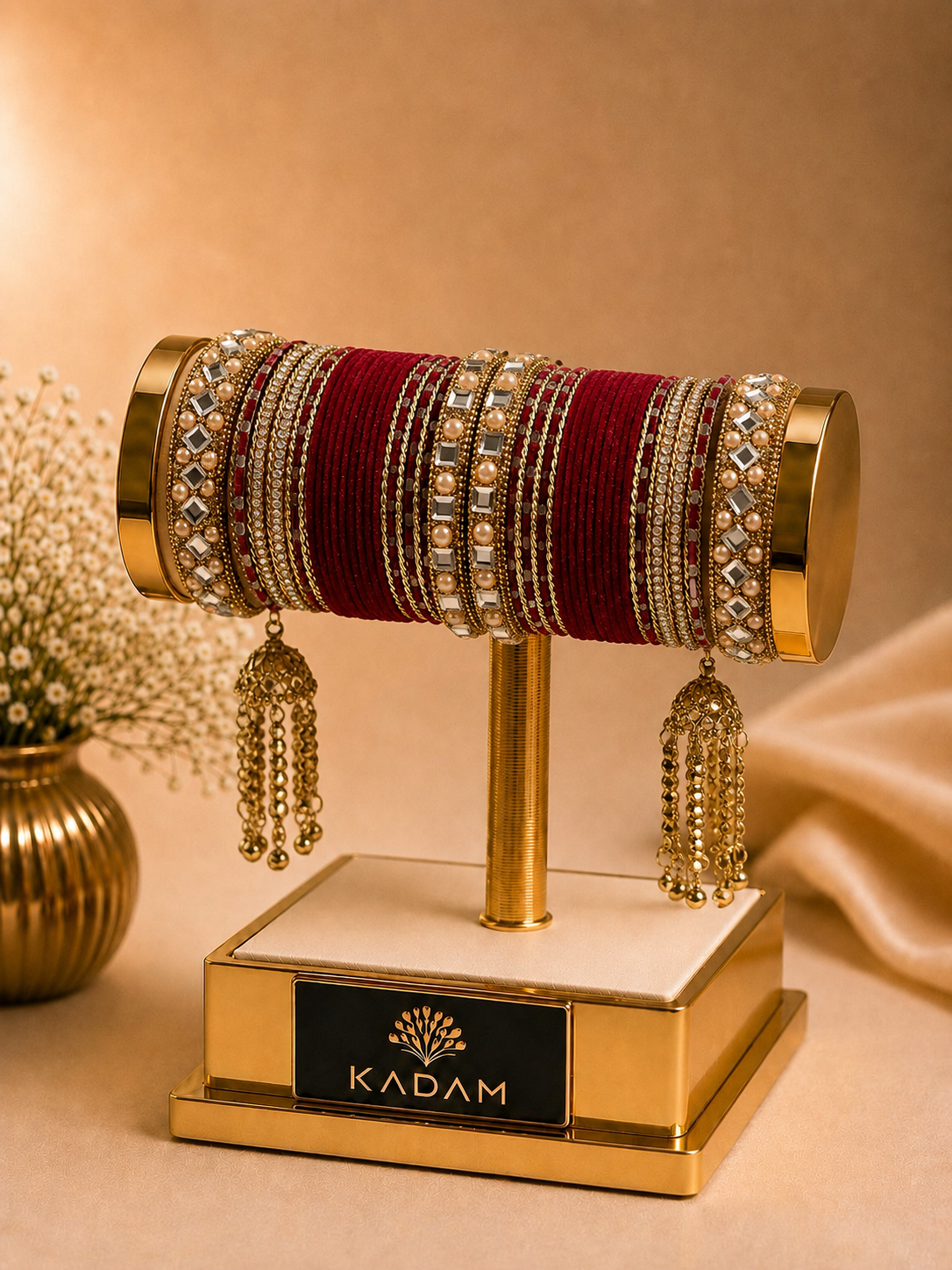 KADAM Royal Crimson Bridal Bangles Set with Jhumka