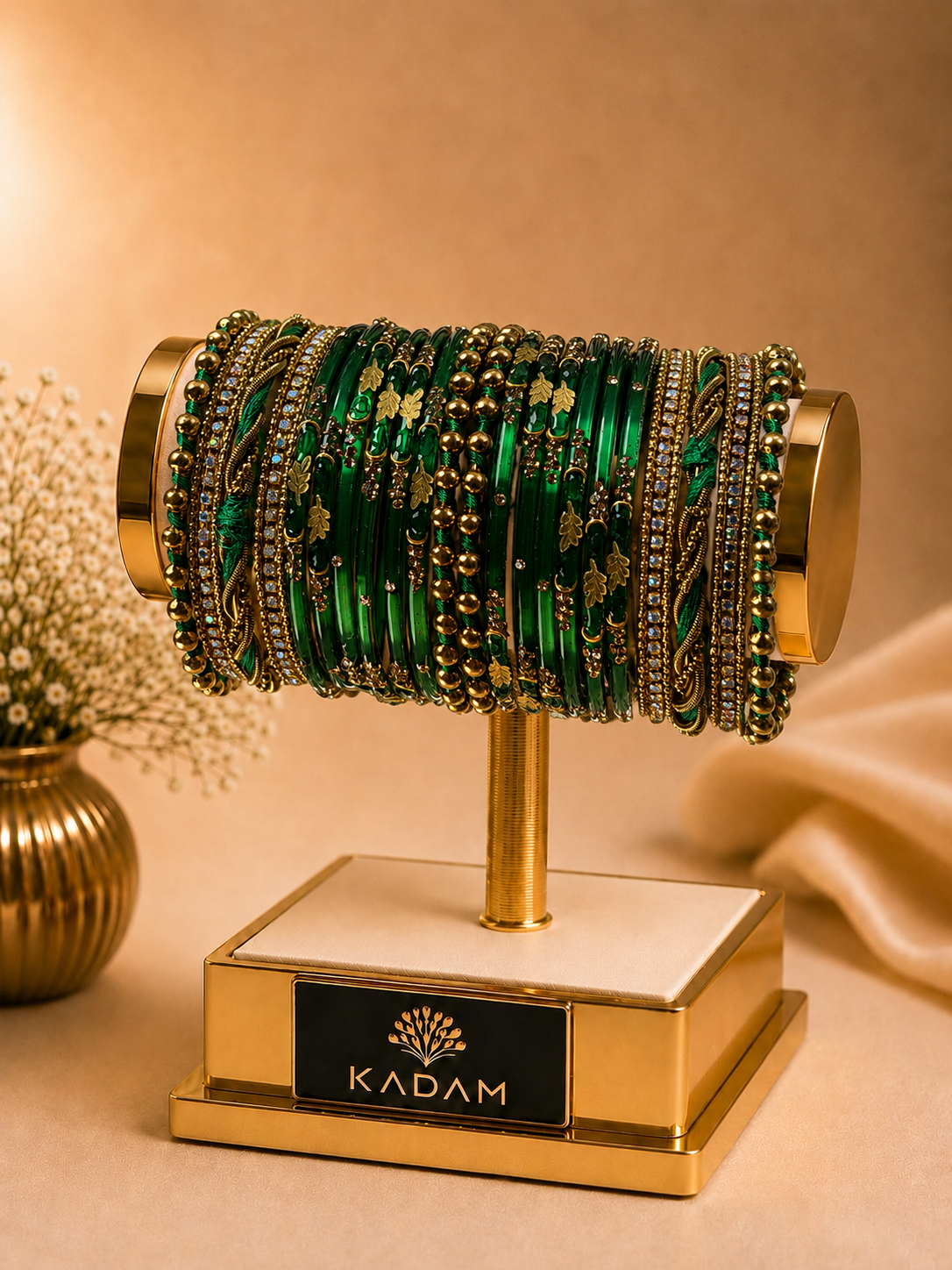 Twisted Wave Emerald Green & Antique Gold Crystal Bangles
