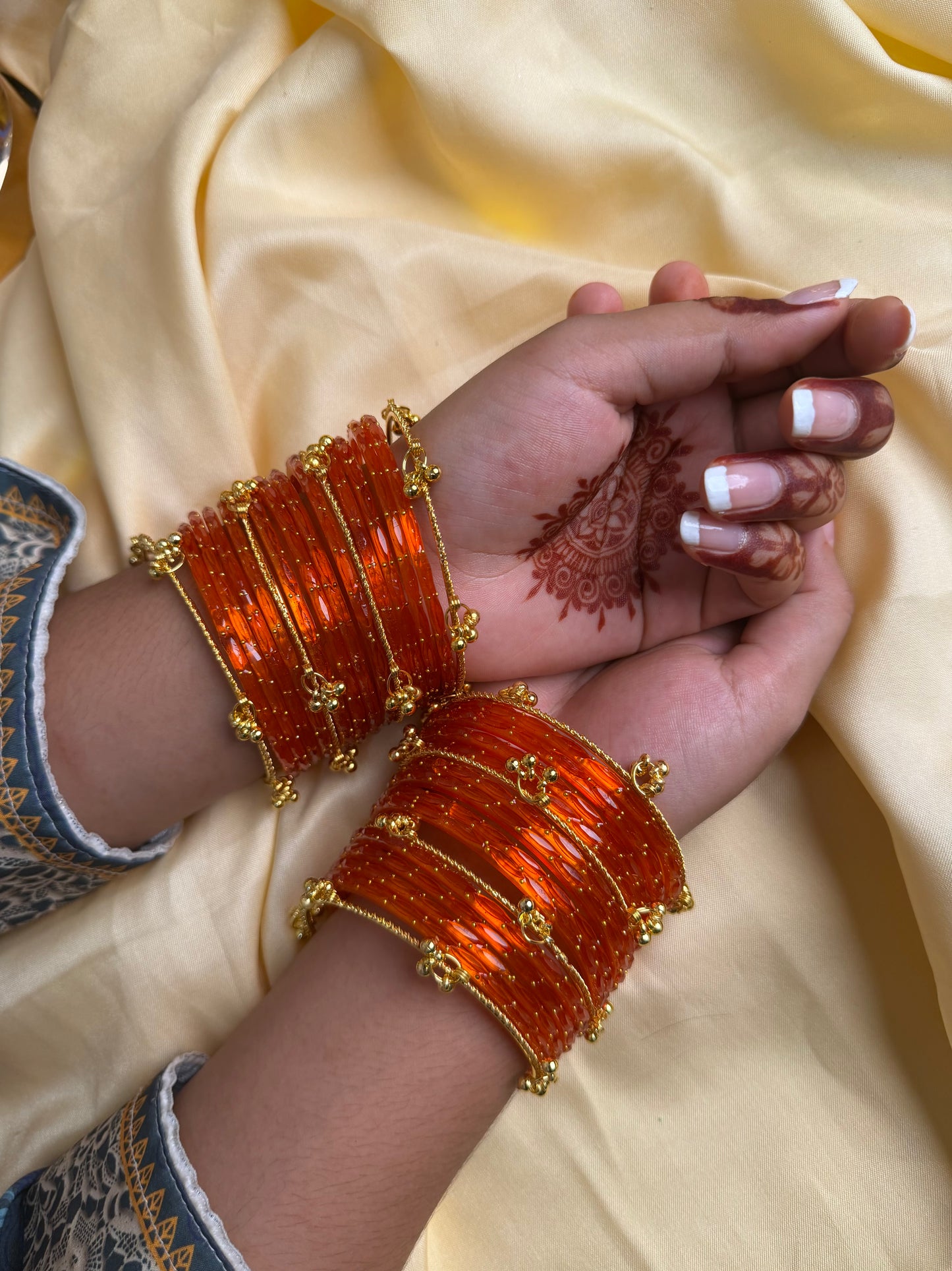 Kashmiri Amber Orange Raindrop stone Ghungroo Glass Bangles