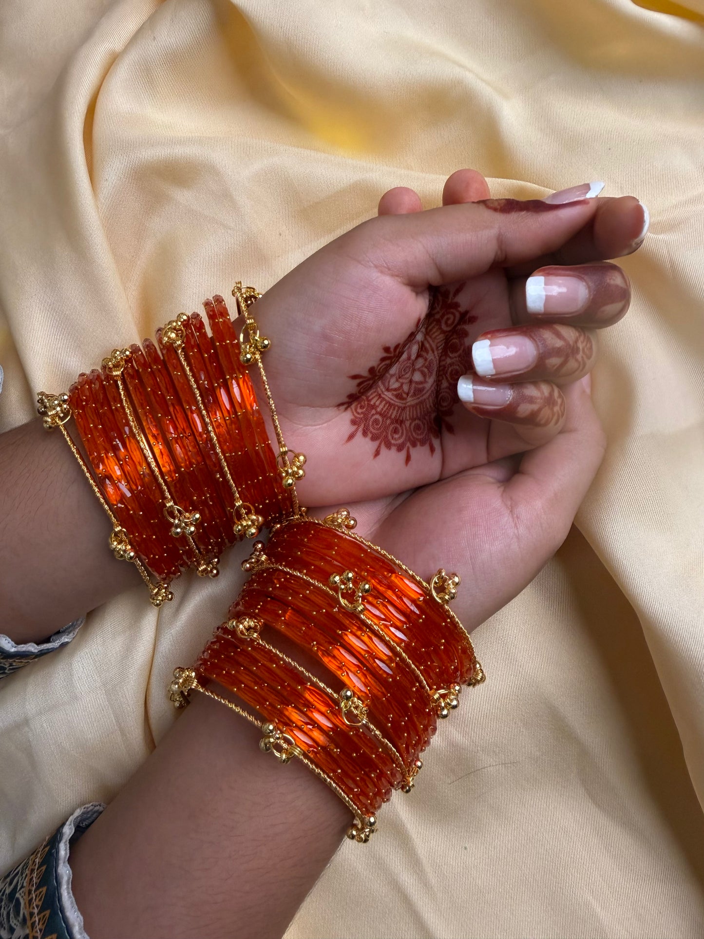 Kashmiri Amber Orange Raindrop stone Ghungroo Glass Bangles