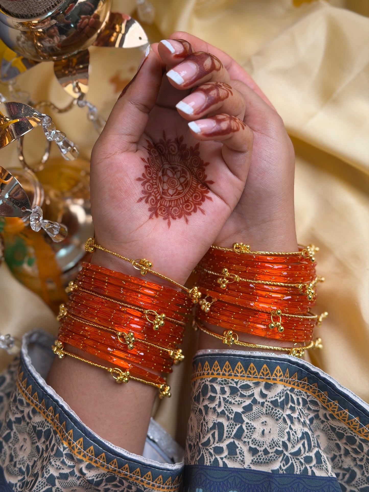 Kashmiri Amber Orange Raindrop stone Ghungroo Glass Bangles